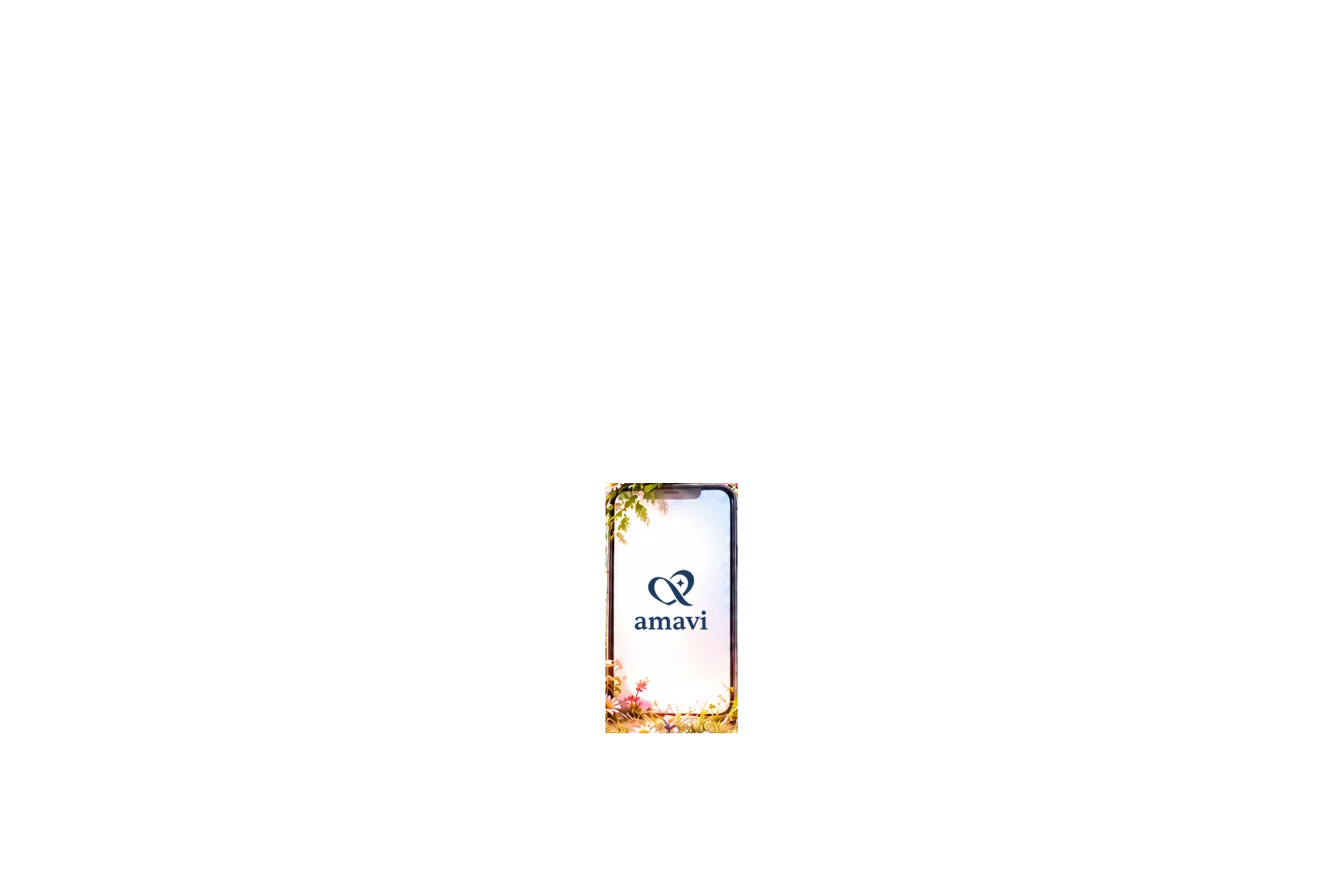 Um celular florido no alto de um morro de flores, com o logo da AMAVI na tela
