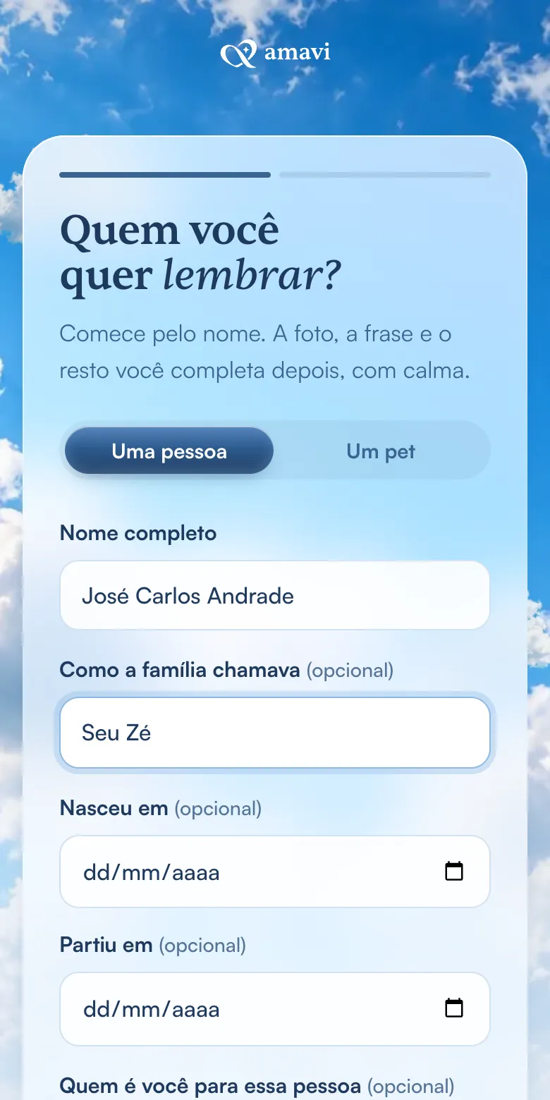 Tela de criar o perfil com o nome José Carlos Andrade e o apelido Seu Zé