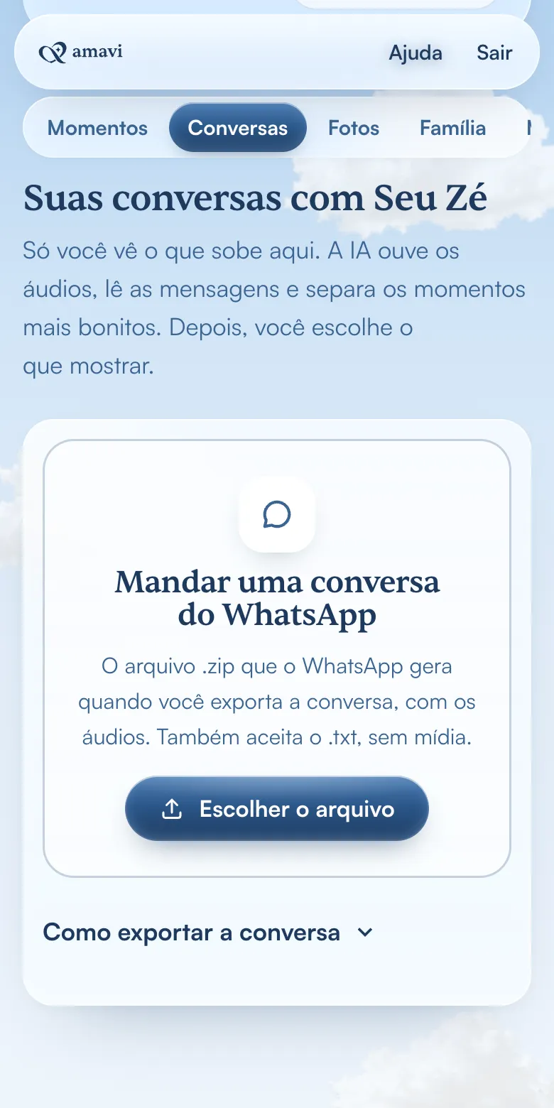 Aba Conversas com o botão Escolher o arquivo