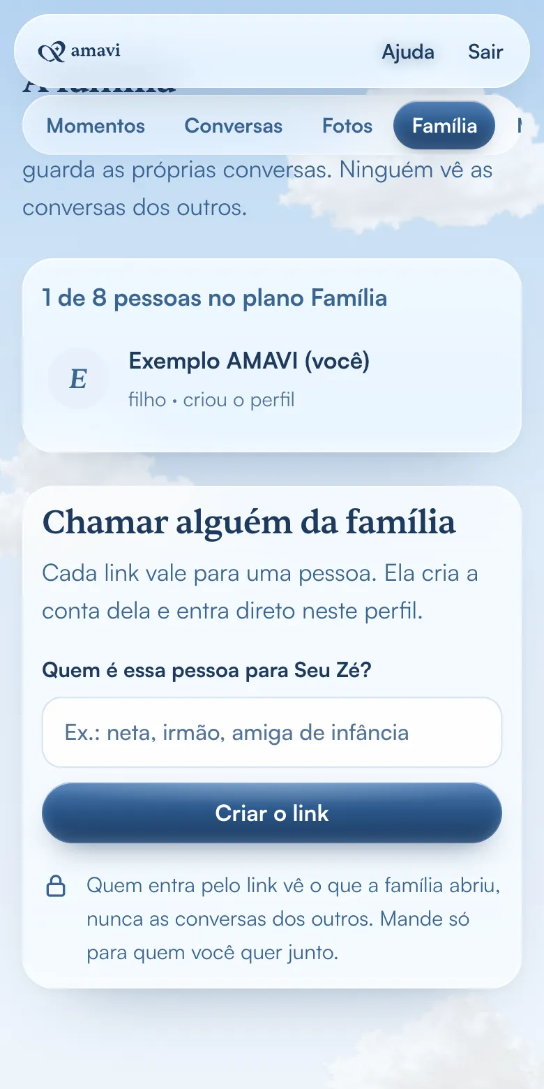 Aba Família com o formulário para criar o link de convite